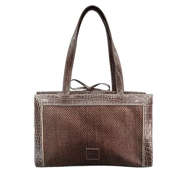 Liz Claiborne Vintage Brown Woven Straw Floral Embroidery Satchel Purse Bag - Picture 4 of 10